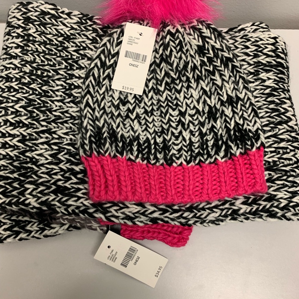 Black, White and Hot Pink hat & scarf set